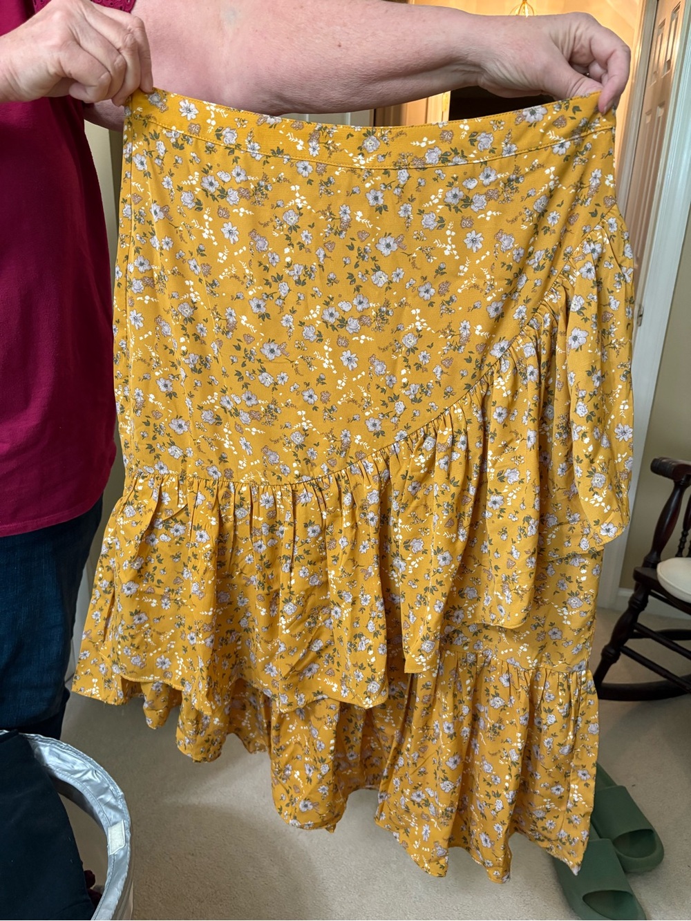 Mustard Floral Ruffle Midi Skirt
